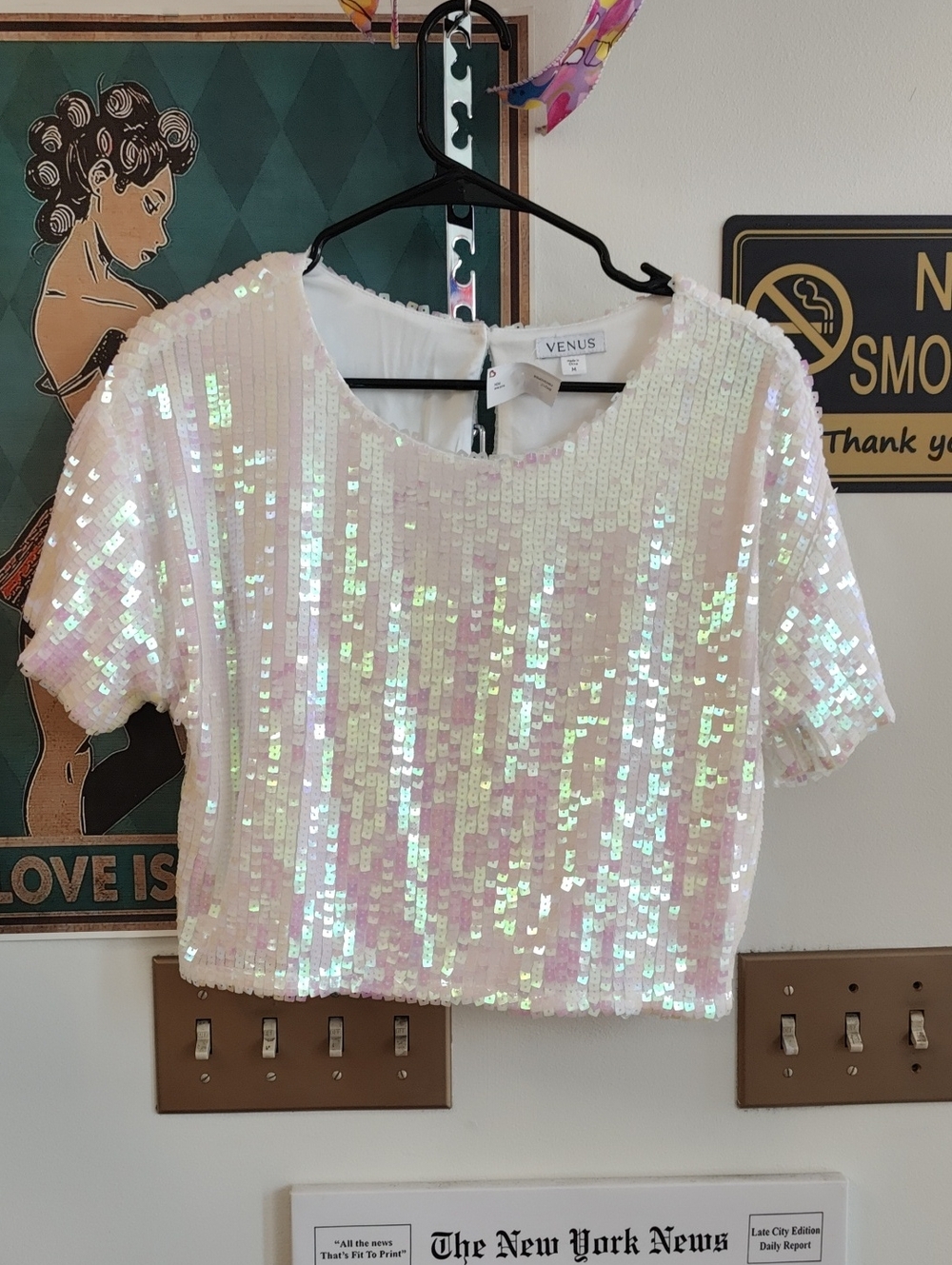 VENUS Iridescent White Pink Sequin Crop Top